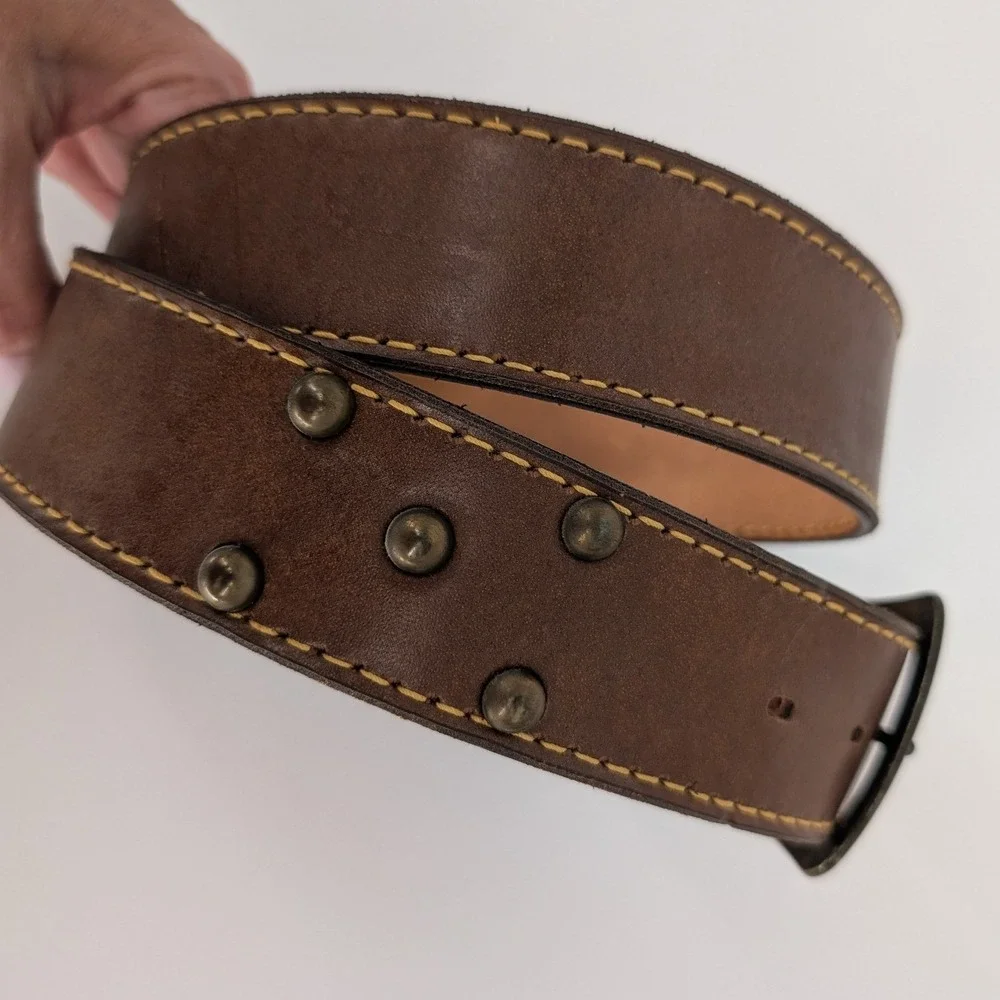 VTG Studded Leather Belt Men 40 Brown Brass Buckle Western Rustic‎ Cowboy Moto